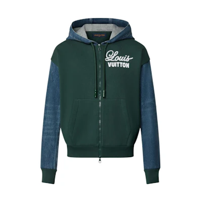 Louis Vuitton FW22 Green Denim Full-Zip Hoodie Jacket with Monogram Print. 1AAGPD