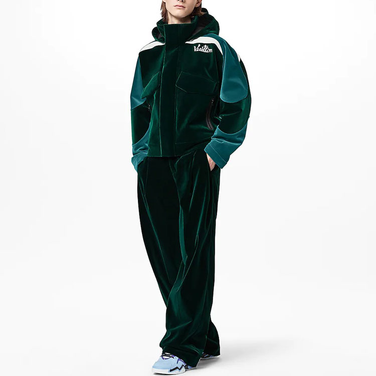 Purchase LOUIS VUITTON FW22 Logo Print Color-Block Velvet Hoodie Jacket Green Men. 1AAHI0