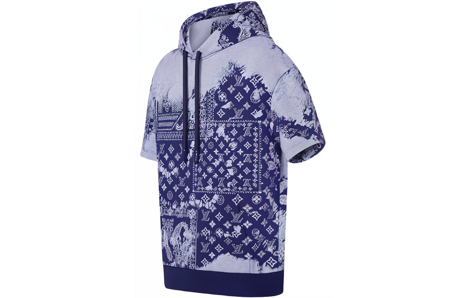 Shop 루이비통 FW22 패턴 프린트 오버사이즈 반팔 후디 블루 티셔츠 1AA5EF