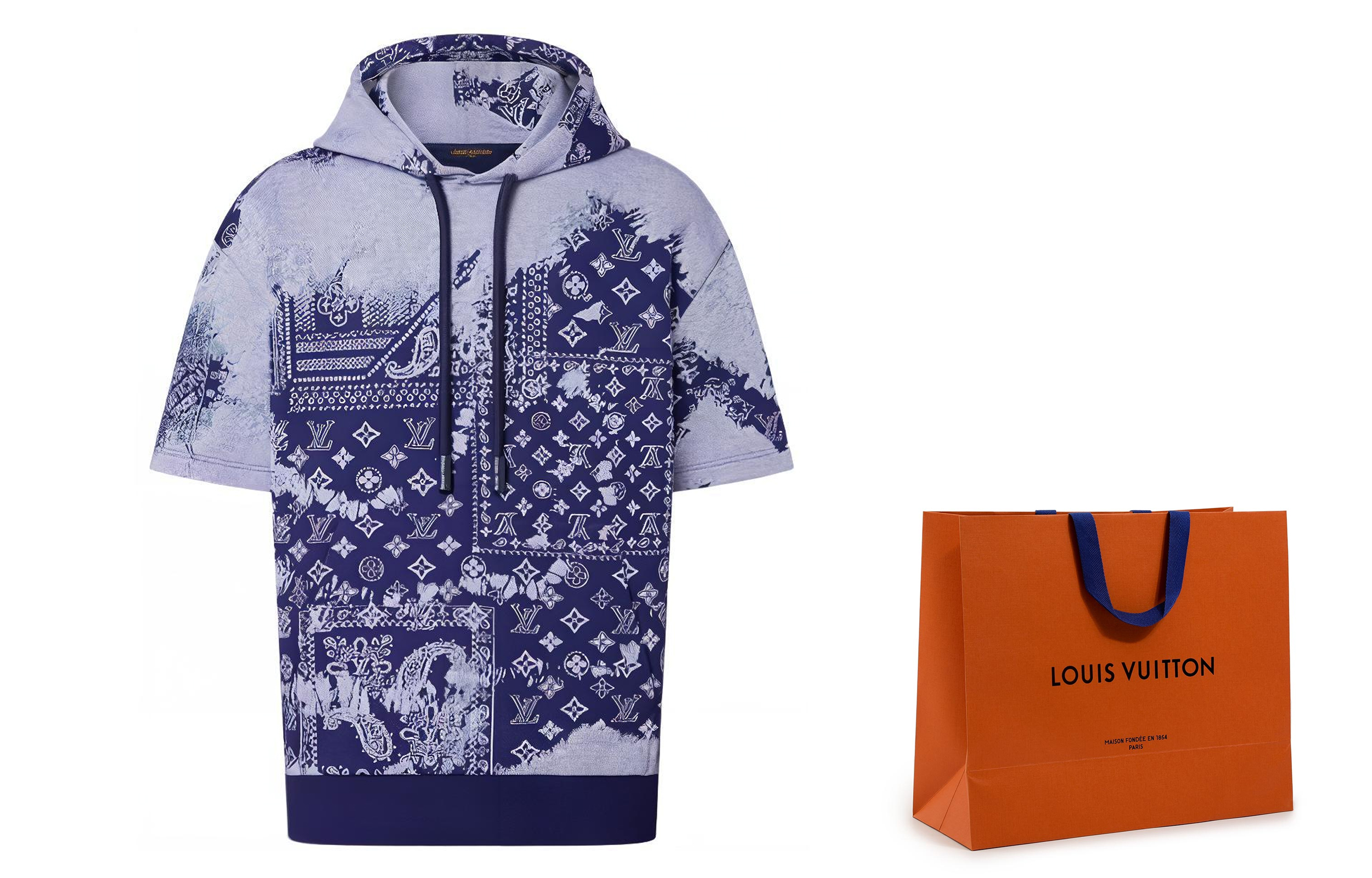 Purchase 루이비통 FW22 패턴 프린트 오버사이즈 반팔 후디 블루 티셔츠 1AA5EF