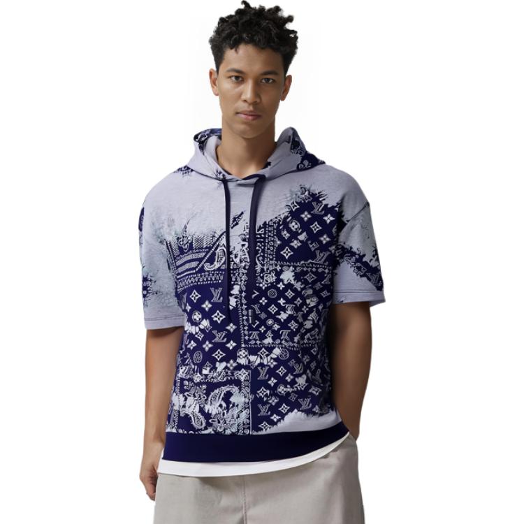 Sizing 루이비통 FW22 패턴 프린트 오버사이즈 반팔 후디 블루 티셔츠 1AA5EF