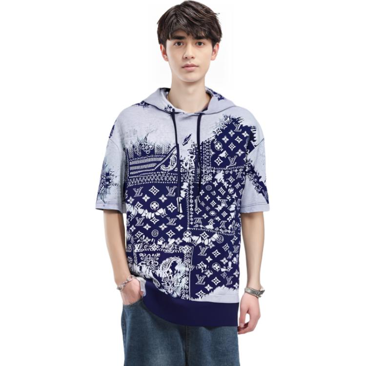 Cheap 루이비통 FW22 패턴 프린트 오버사이즈 반팔 후디 블루 티셔츠 1AA5EF
