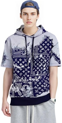 루이비통 FW22 패턴 프린트 오버사이즈 반팔 후디 블루 티셔츠 1AA5EF 1