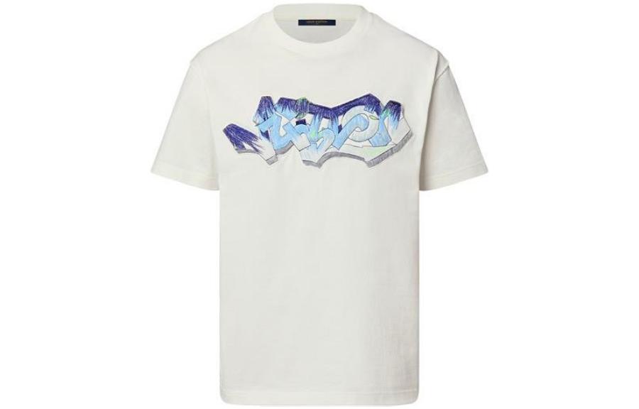 LOUIS VUITTON FW22 White Embroidered Graffiti Logo Short Sleeve T-Shirt . 1AA54K