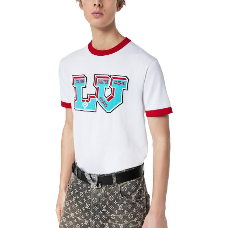 Purchase 路易威登FW22白色針織Logo印花拼接羅紋男士圓領T恤 1AAGLP