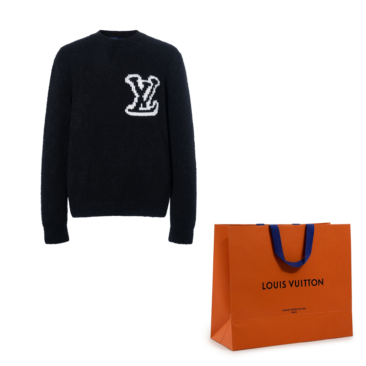 Shop LOUIS VUITTON FW23 Baju Crewneck Hitam Logo Sulaman. 1AF333