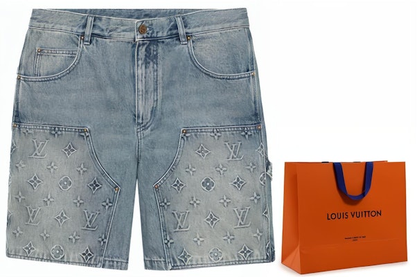 루이비통 FW23 블루 로고 엠보싱 미드라이즈 지퍼 카고 쇼츠 1ABJ7G Cheap 루이비통 FW23 블루 로고 엠보싱 미드라이즈 지퍼 카고 쇼츠 1ABJ7G