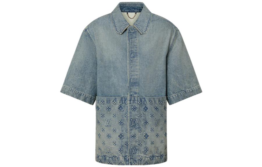 LOUIS VUITTON FW23  Blue Short-Sleeve Shirt with Embossed Logo Design 1ABLDH