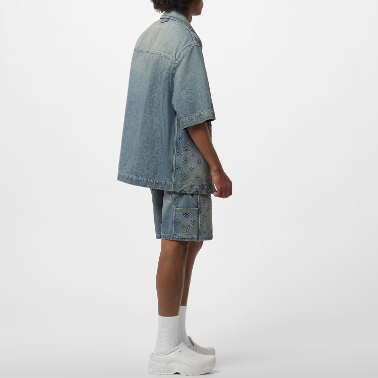 Shop 루이 비통 FW23 블루 로고 엠보싱 반팔 셔츠 1ABLDH