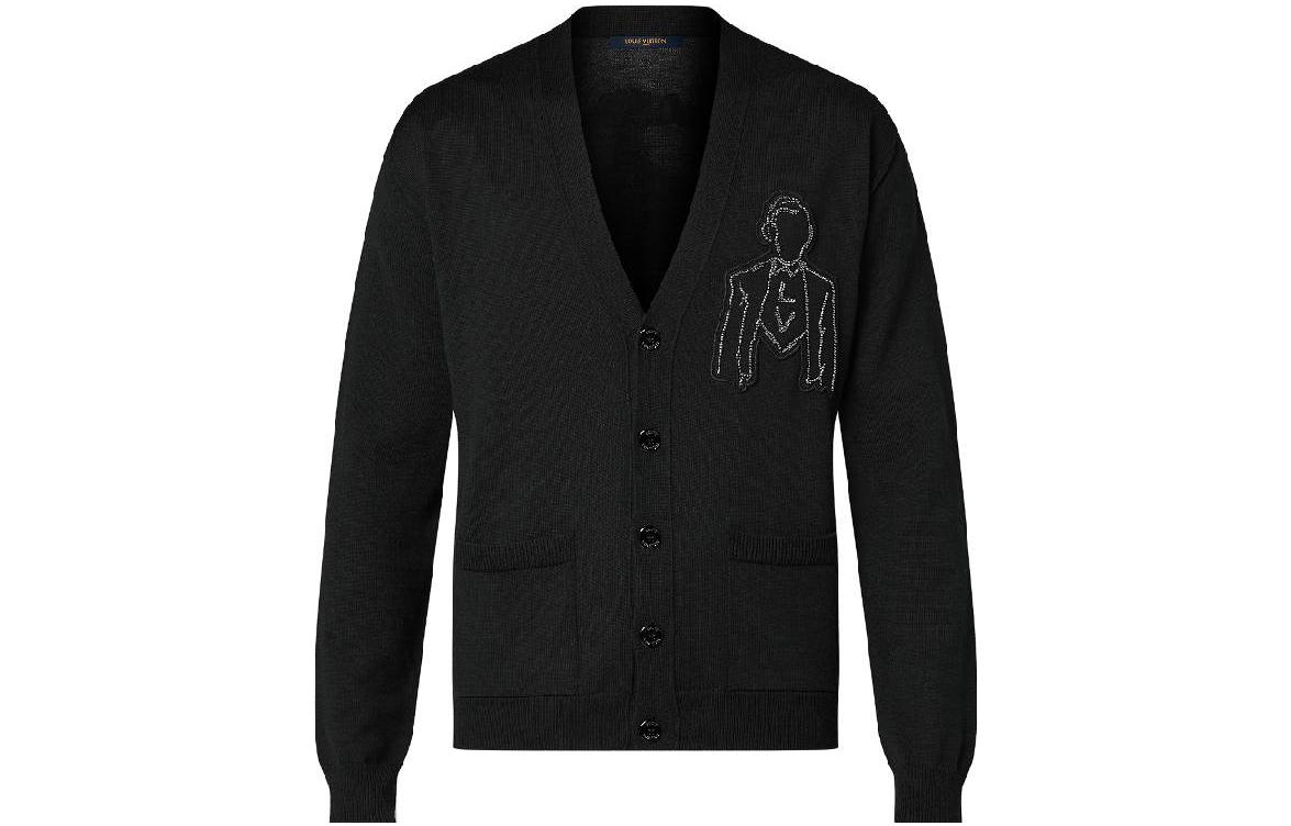LOUIS VUITTON FW23 Black Logo Embroidered Knit Cardigan  Long Sleeve 1AFAOL