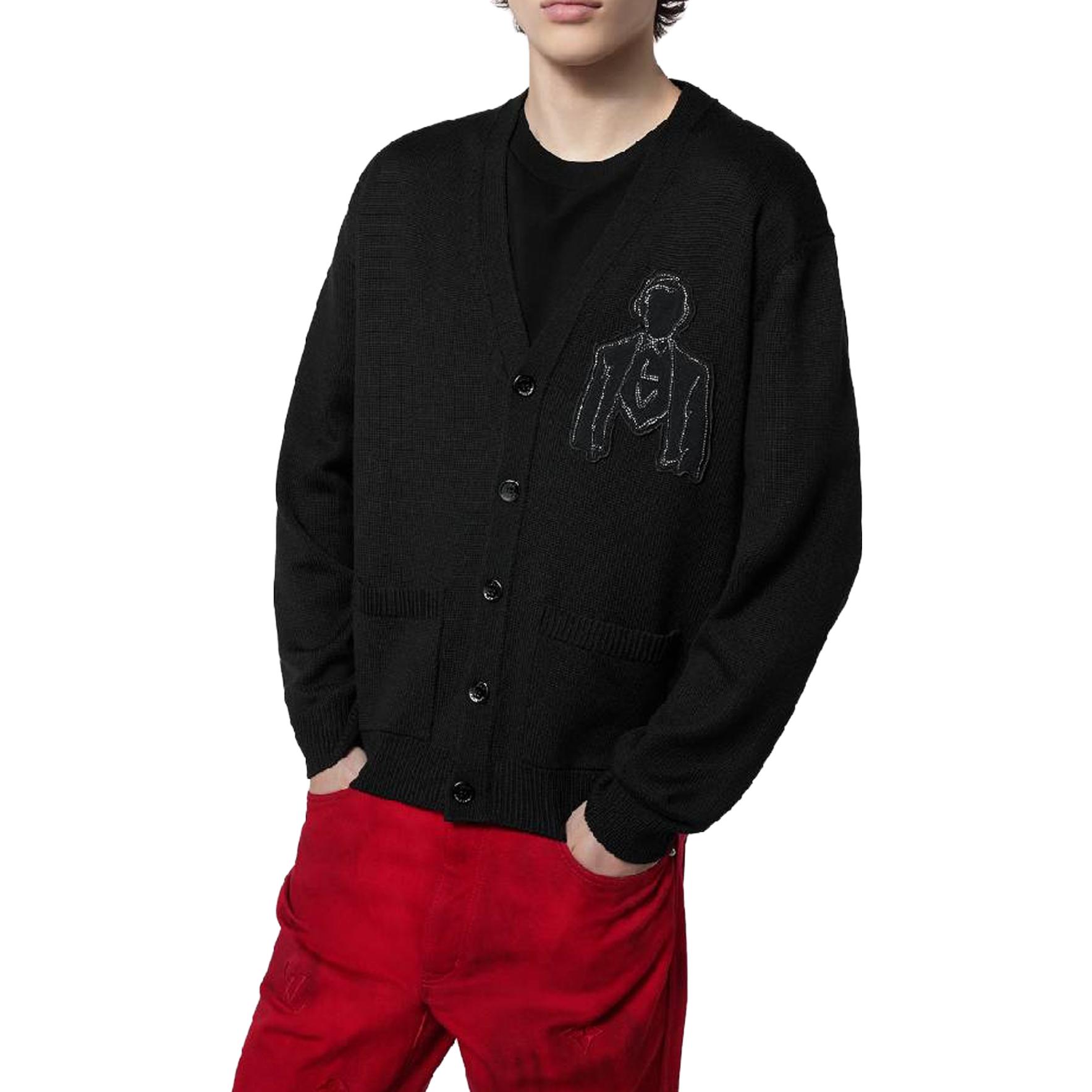Details for ルイヴィトン FW23 ブラック ロゴ刺繍 ニットカーディガン 長袖 1AFAOL