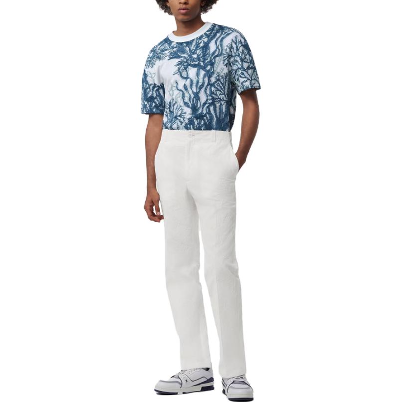 Shop LOUIS VUITTON FW23 Kaos Pria Biru Jacquard Monogram Crewneck Lengan Pendek 1ABJ9O