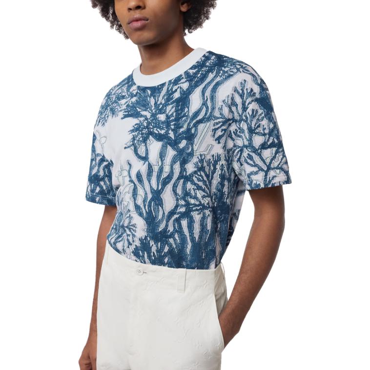 Details for LOUIS VUITTON FW23 Kaos Pria Biru Jacquard Monogram Crewneck Lengan Pendek 1ABJ9O