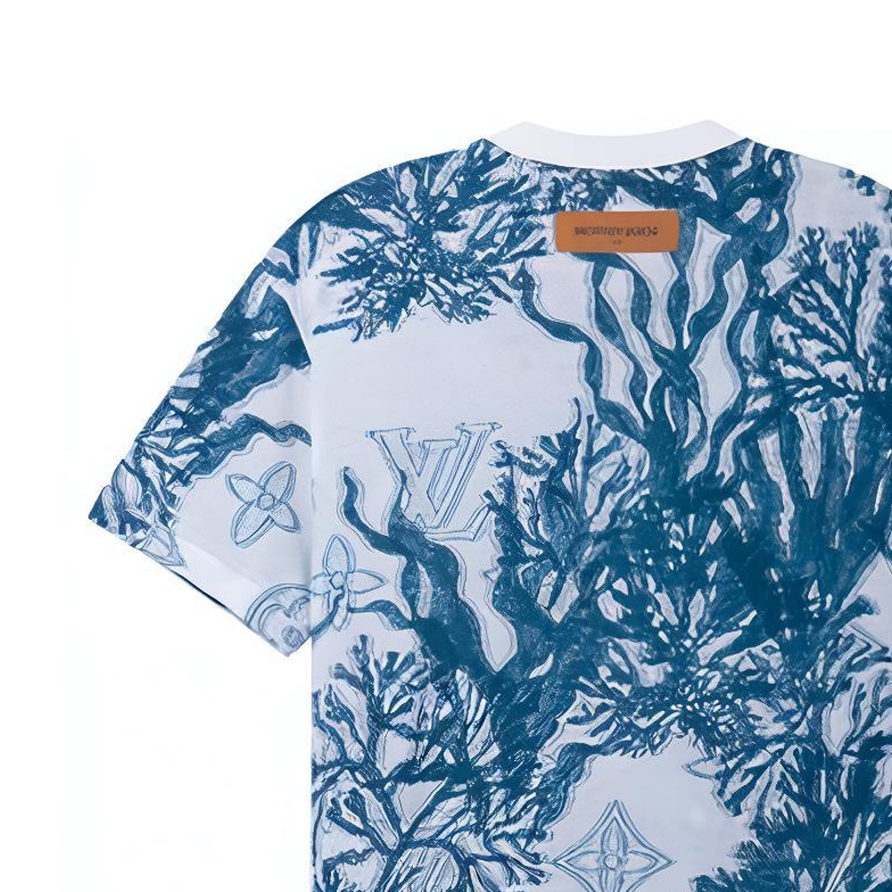 Sizing LOUIS VUITTON FW23 Kaos Pria Biru Jacquard Monogram Crewneck Lengan Pendek 1ABJ9O
