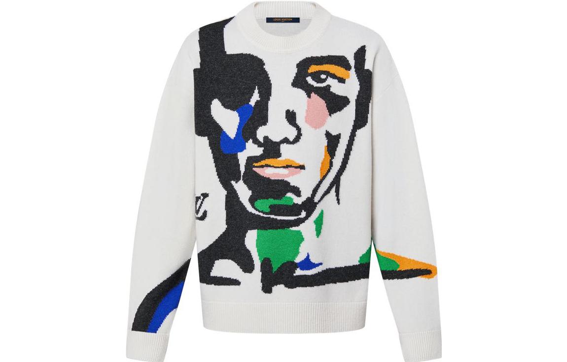 LOUIS VUITTON FW23 Colorblock Intarsia Crewneck Knit Sweater White Mens. 1ABXY7