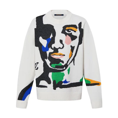LOUIS VUITTON FW23 Colorblock Intarsia Crewneck Knit Sweater White Mens. 1ABXY7