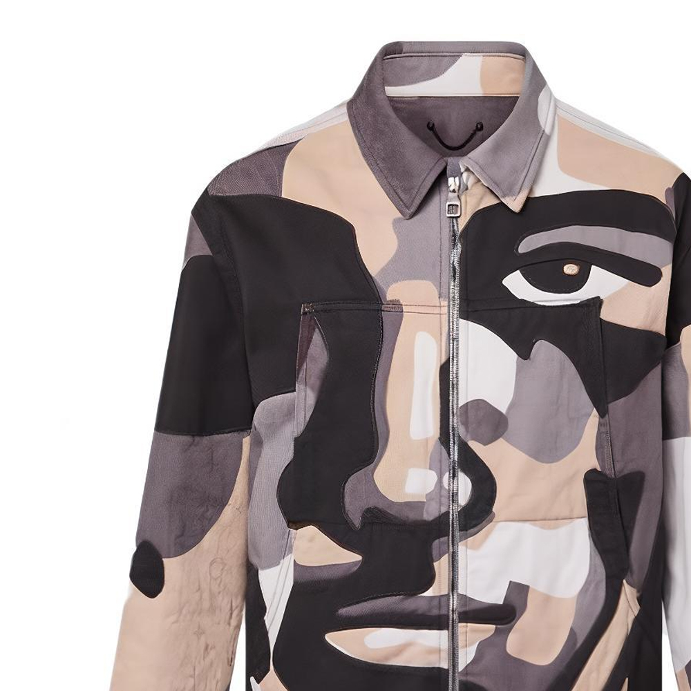 Sizing LOUIS VUITTON FW23 Jaket Denim Geometric Portrait Multicolor Lelaki. 1ABYMP