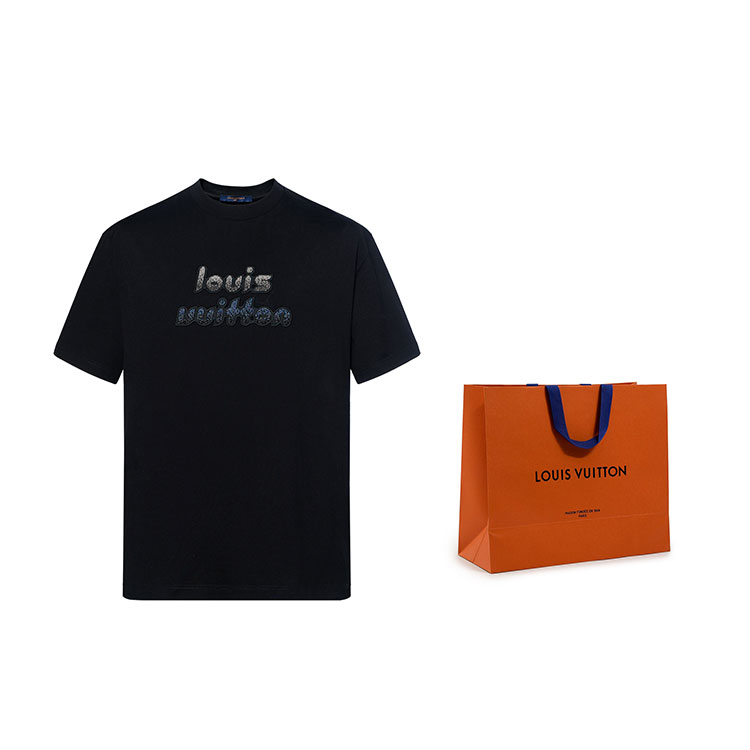 Cheap LOUIS VUITTON FW23 Kaos Crewneck Hitam Bordir Logo dan Manik-Manik 1ABYKQ