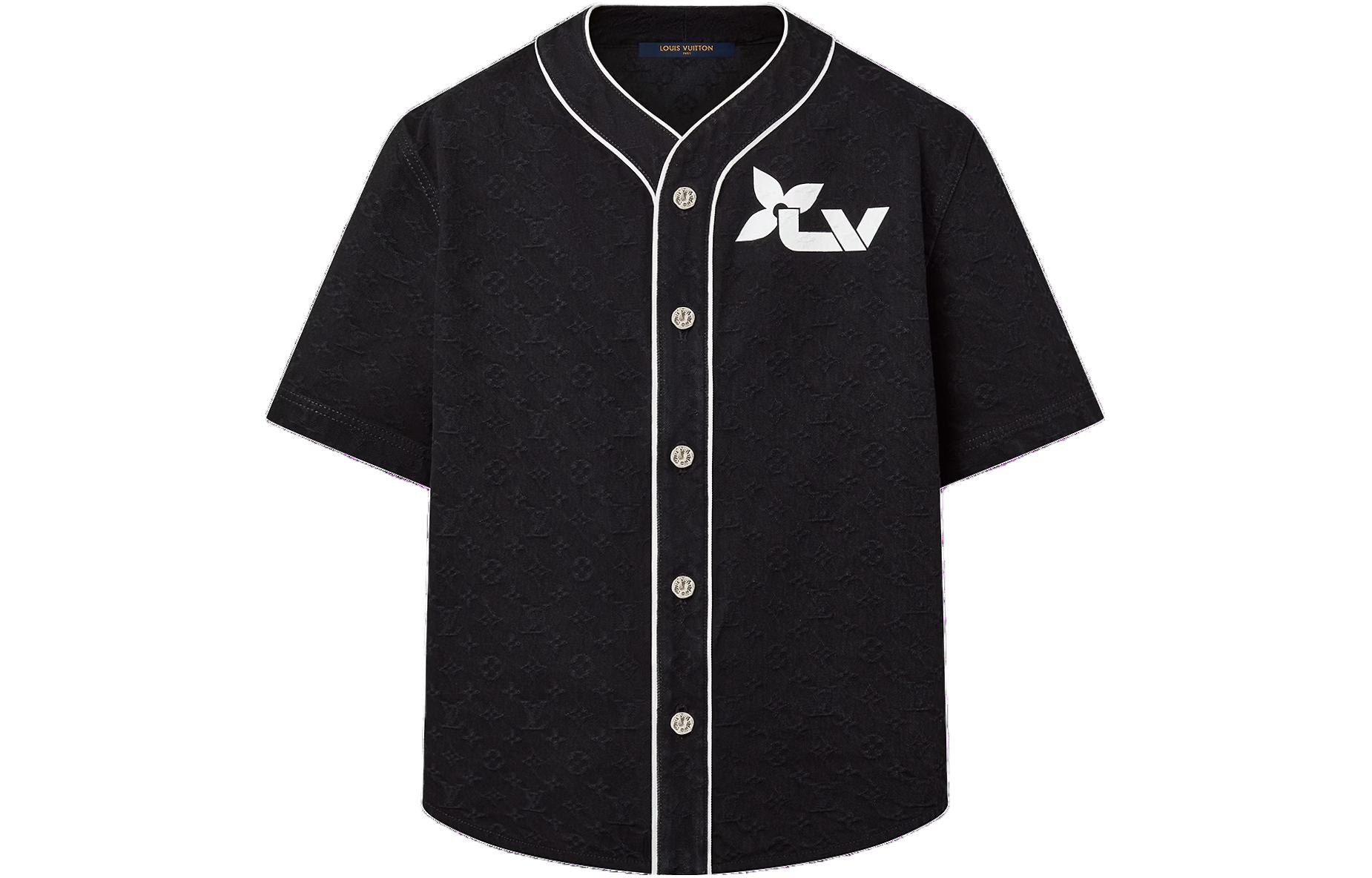 Shop LOUIS VUITTON FW23 Logo Black Printed Denim Short Sleeve Shirt Men 1ABJDT