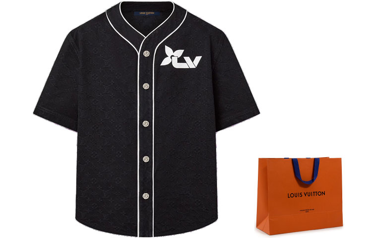 Cheap LOUIS VUITTON FW23 Logo Black Printed Denim Short Sleeve Shirt Men 1ABJDT