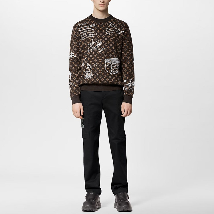 Lookbook LOUIS VUITTON FW23 Logo Graffiti Knit Crewneck Coklat Lengan Panjang. 1ABXYW