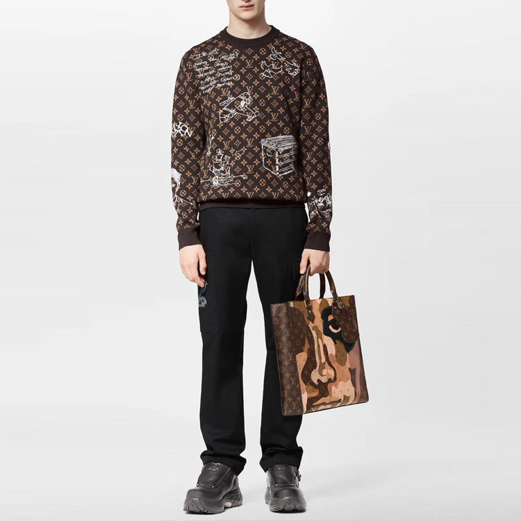 Shop LOUIS VUITTON FW23 Logo Graffiti Knit Crewneck Coklat Lengan Panjang. 1ABXYW