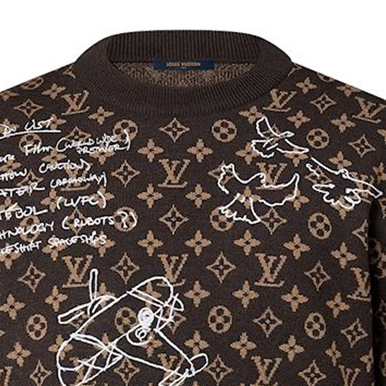 Details for LOUIS VUITTON FW23 Logo Graffiti Knit Crewneck Coklat Lengan Panjang. 1ABXYW