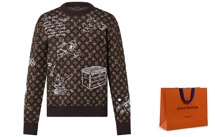 Cheap LOUIS VUITTON FW23 Logo Graffiti Knit Crewneck Coklat Lengan Panjang. 1ABXYW