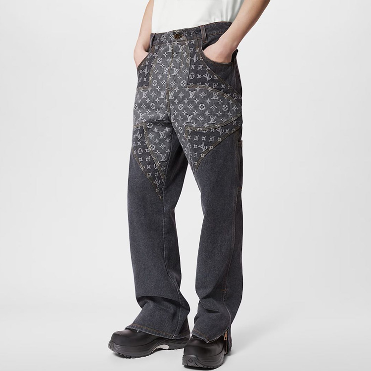 Lookbook 루이 비통 FW23 로고 프린트 비대칭 컷 캐주얼 청바지 블랙 남성용 1ABYEA