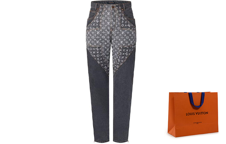 Cheap 루이 비통 FW23 로고 프린트 비대칭 컷 캐주얼 청바지 블랙 남성용 1ABYEA