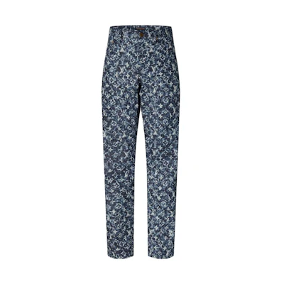 LOUIS VUITTON FW23 Logo Print Split Hem Denim Jeans Blue . 1ABJMN