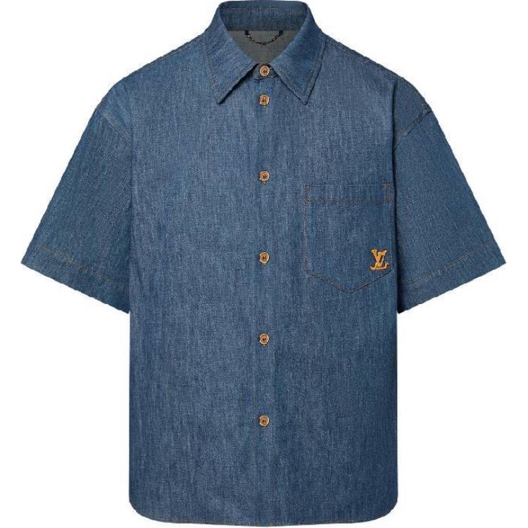 LOUIS VUITTON FW24  Blue Logo Embroidered Short-Sleeve Shirt. 1AFXLJ
