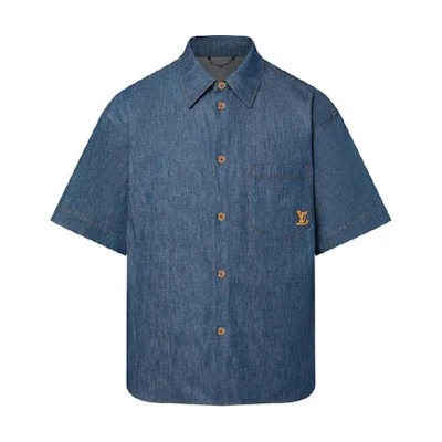 LOUIS VUITTON FW24 Blue Logo Embroidered Short-Sleeve Shirt. 1AFXLJ