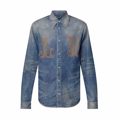 Louis Vuitton FW24 Slim Fit Denim Shirt with Logo Rivets Blue Long Sleeve 1AFXL5