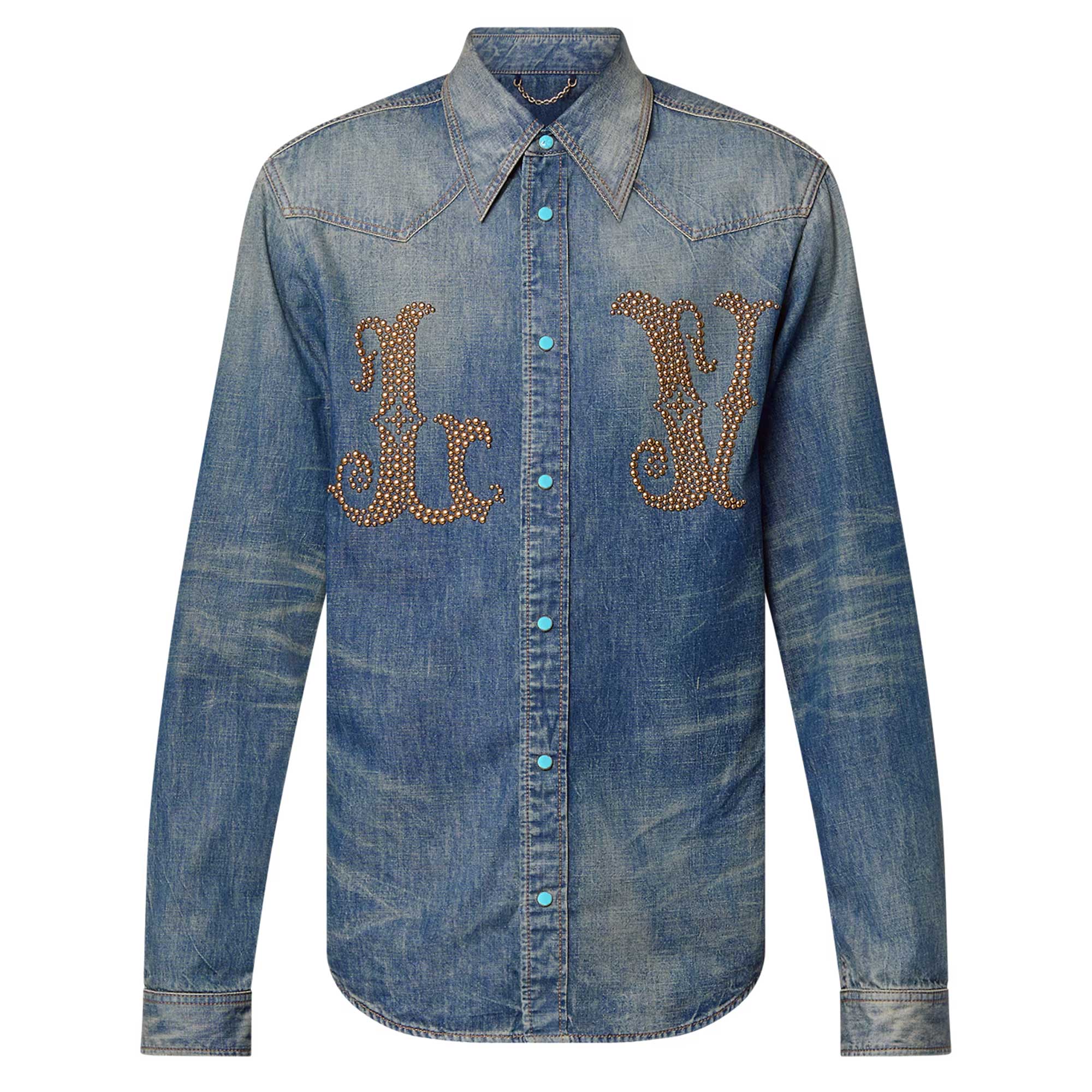 Louis Vuitton FW24  Slim Fit Denim Shirt with Logo Rivets Blue Long Sleeve 1AFXL5 圖 2