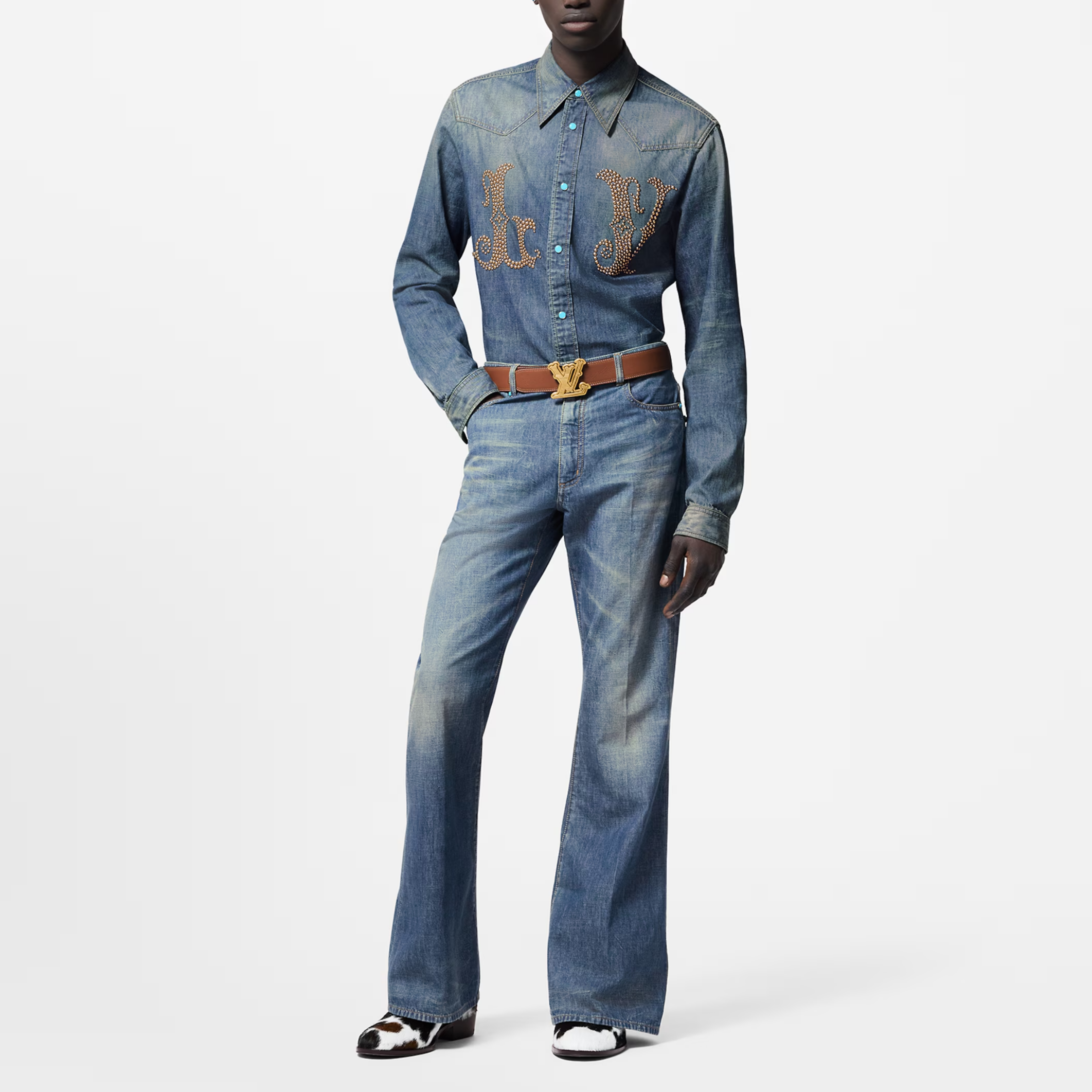 Louis Vuitton FW24  Slim Fit Denim Shirt with Logo Rivets Blue Long Sleeve 1AFXL5 圖 3