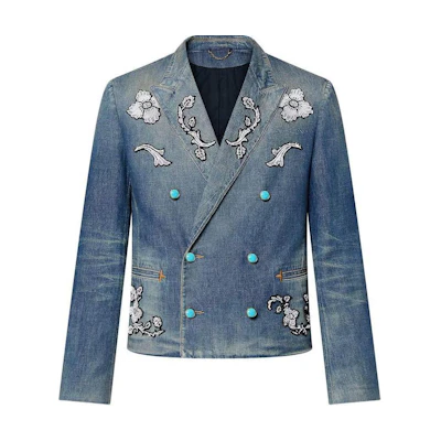 LOUIS VUITTON FW24 Embroidered Pattern Double-Breasted Denim Jacket Blue Men 1AFWMF