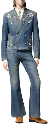 LOUIS VUITTON FW24 Embroidered Pattern Double-Breasted Denim Jacket Blue Men 1AFWMF Lookbook LOUIS VUITTON FW24 Embroidered Pattern Double-Breasted Denim Jacket Blue Men 1AFWMF