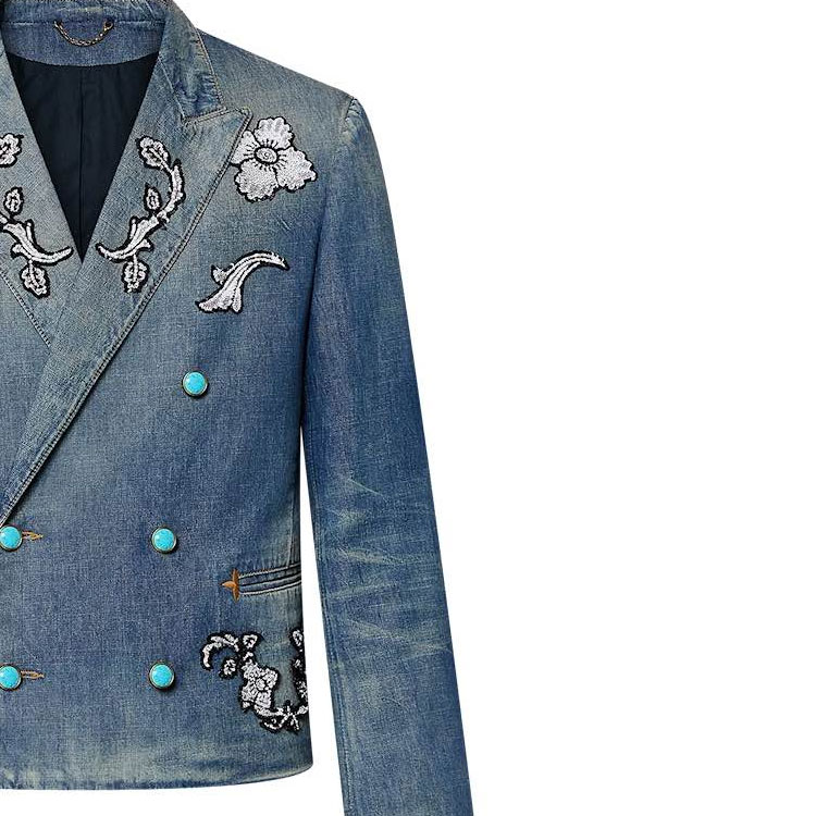 LOUIS VUITTON FW24 Embroidered Pattern Double-Breasted Denim Jacket Blue Men 1AFWMF 圖 7