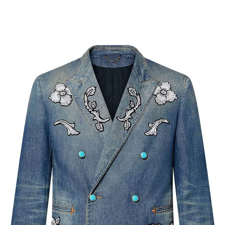 LOUIS VUITTON FW24 Embroidered Pattern Double-Breasted Denim Jacket Blue Men 1AFWMF 圖 8