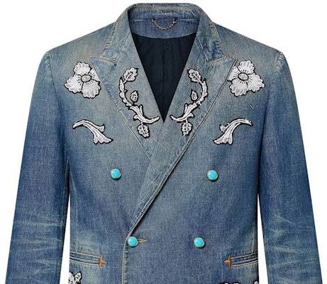 LOUIS VUITTON FW24 Embroidered Pattern Double-Breasted Denim Jacket Blue Men 1AFWMF Cheap LOUIS VUITTON FW24 Embroidered Pattern Double-Breasted Denim Jacket Blue Men 1AFWMF