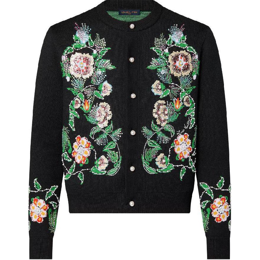 LOUIS VUITTON FW24 Floral Embroidered Button-Up Long Sleeve Sweater Black Men 1AFXK9