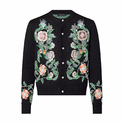 LOUIS VUITTON FW24 Floral Embroidered Button-Up Long Sleeve Sweater Black Men 1AFXK9