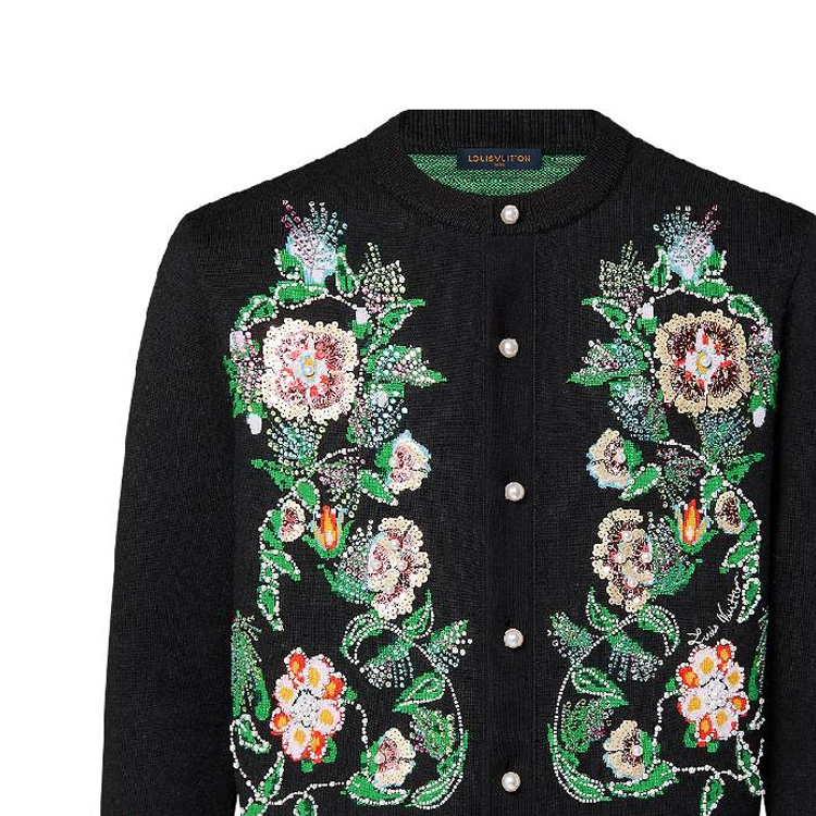 Details for LOUIS VUITTON FW24 Floral Embroidered Button-Up Long Sleeve Sweater Black Men 1AFXK9