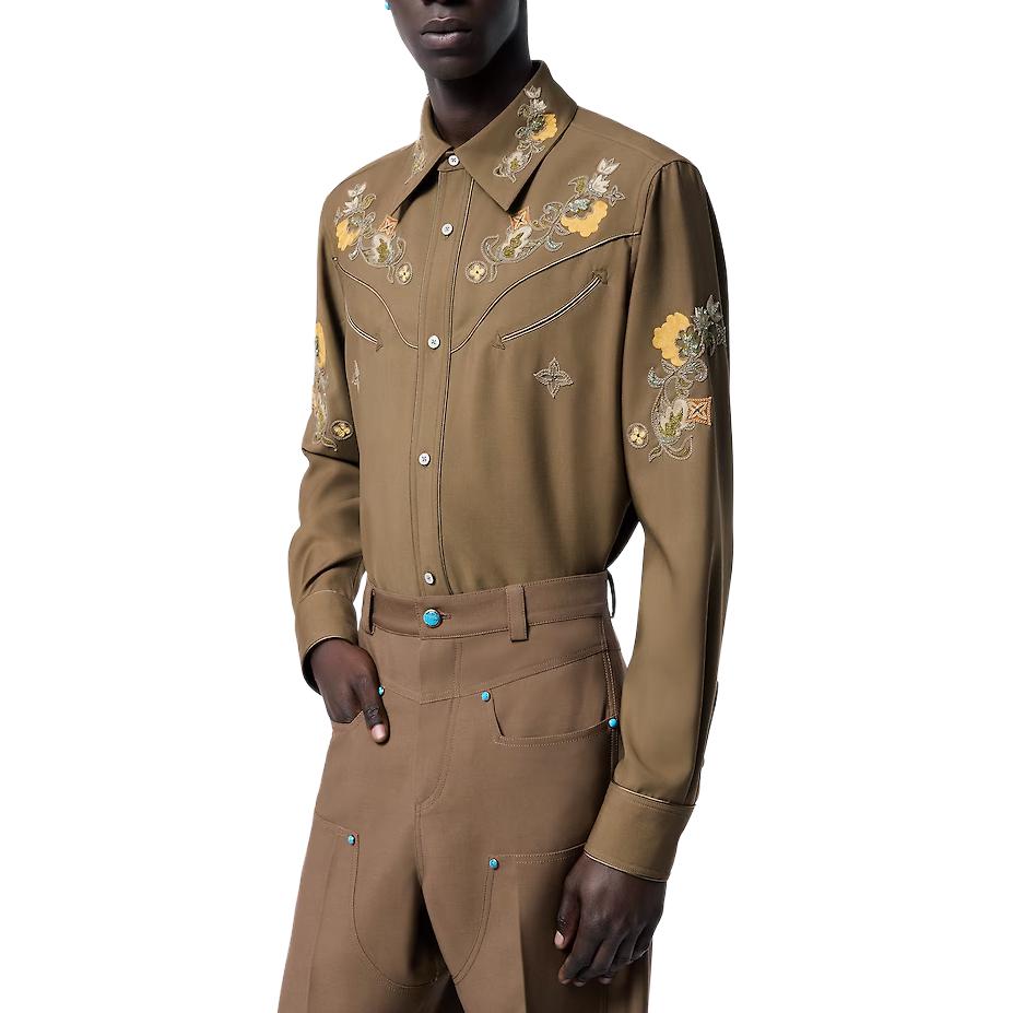 LOUIS VUITTON FW24 Floral Embroidered Long Sleeve Shirt Brown Men 1AFXT3 圖 5