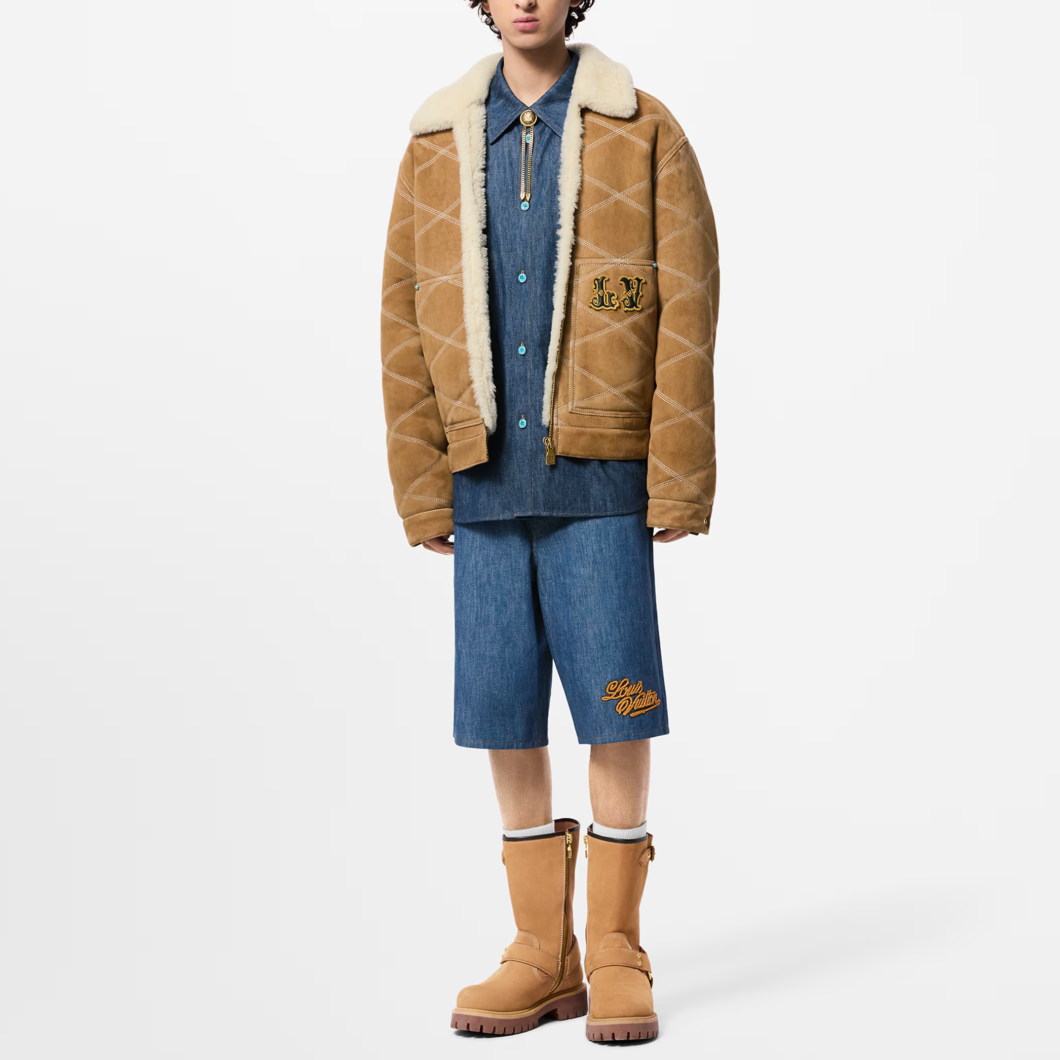 Lookbook Pantalones Cortos Louis Vuitton FW24 Logo Bordado Denim Azul Hombre. 1AFX84