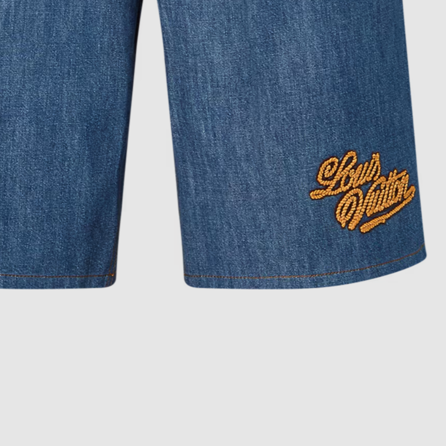 Sizing Pantalones Cortos Louis Vuitton FW24 Logo Bordado Denim Azul Hombre. 1AFX84