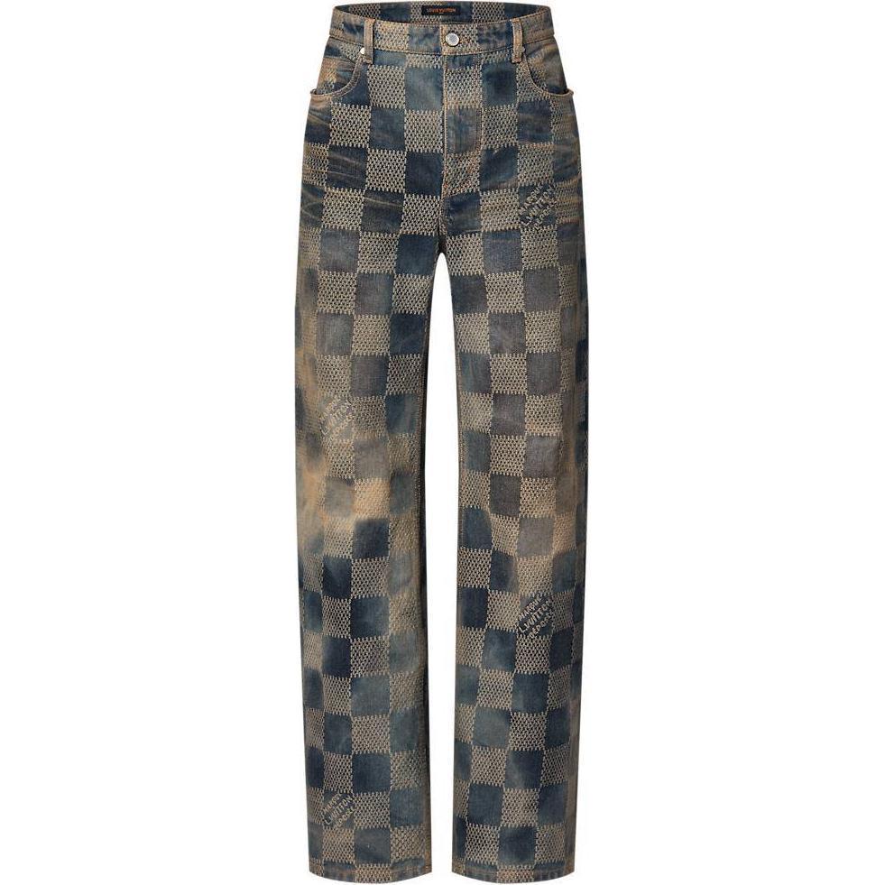Shop LOUIS VUITTON FW24 Logo Jacquard Check Casual Straight Jeans Men Blue 1AFX11