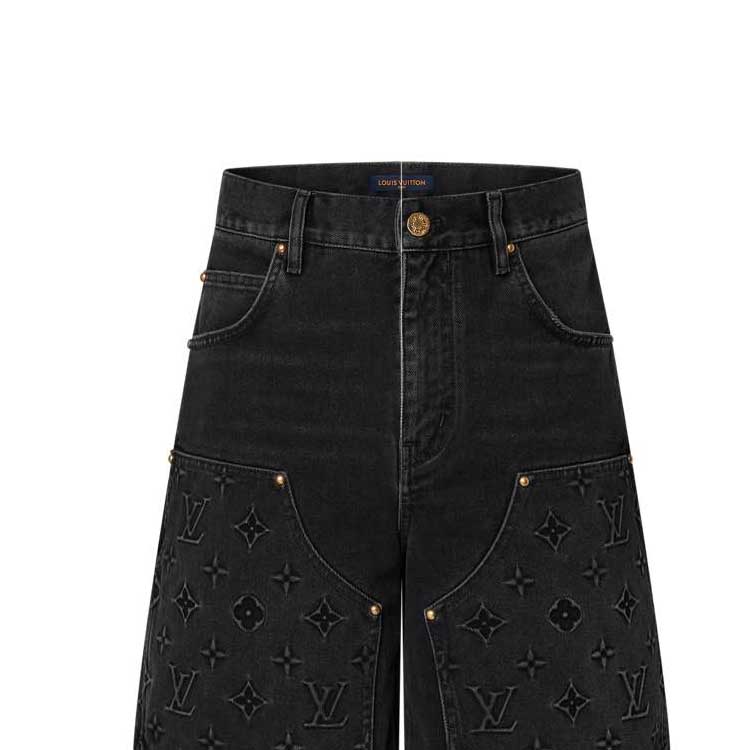 Sizing 루이비통 FW24 로고 패턴 지퍼 포켓 데님 반바지 블랙 남성용. 1AFVAG