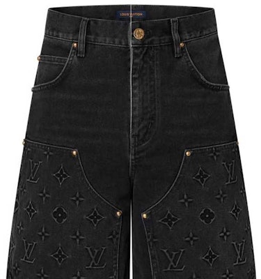 루이비통 FW24 로고 패턴 지퍼 포켓 데님 반바지 블랙 남성용. 1AFVAG Sizing 루이비통 FW24 로고 패턴 지퍼 포켓 데님 반바지 블랙 남성용. 1AFVAG